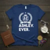 Navy t-shirt with "Ashley Ever Est 2024" text and custom initials A&E logo, designed for couples
