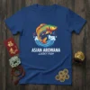 Asian Arowana Lucky Fish graphic t-shirt design with bold white text on a blue shirt