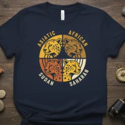Asiatic African Sudan Saharan text with four cheetah heads on a navy blue t-shirt