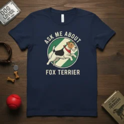 Ask Me About Fox Terrier t-shirt with a cartoon fox terrier dog running inside a green circle