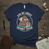 Navy blue t-shirt with "Ask Me About Hermit Crab" text and a cartoon hermit crab wearing a diving helmet on