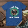 T-shirt design featuring the text "Ask Me About Irish Tinker" with a black and white horse graphic and Celtic knot