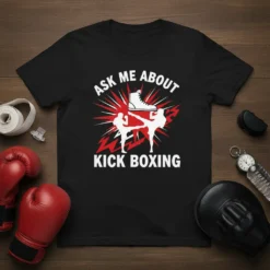 Ask Me About Kick Boxing t-shirt design with two silhouetted fighters in action, a boxing shoe, and red starburst graphic