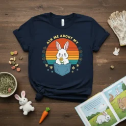 Ask Me About My Bunny T-Shirt featuring a white bunny in a pocket with a sunflower against a sunset backdrop
