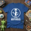 Blue t-shirt with white text "Ask Me About My Butthole" and a white circle graphic of a holding a ray