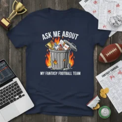 T-shirt with white text "Ask Me About My Fantasy Football Team" above a burning trash can filled with trophies, footballs