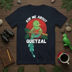 Ask Me About Quetzal text design with a vibrant green quetzal bird perched on a branch, set against a red