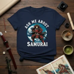 Ask Me About Samurai t-shirt with Japanese warrior graphic and text