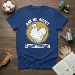 Ask Me About Silkie Chicken T-Shirt featuring a fluffy white Silkie chicken graphic in a circle