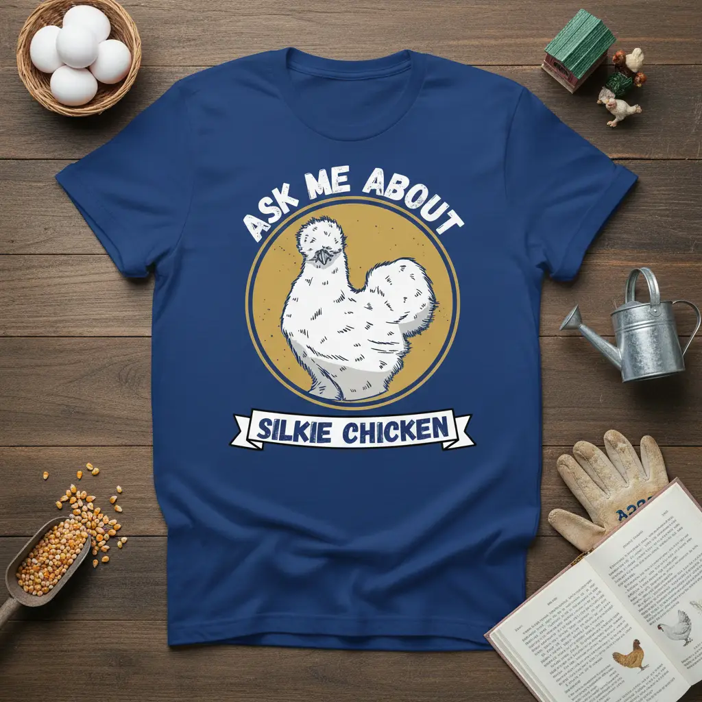 Ask Me About Silkie Chicken text with a fluffy white Silkie chicken illustration on a blue t-shirt