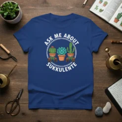 Ask Me About Sukkulente t-shirt design featuring potted succulents and books, with white text in a circle