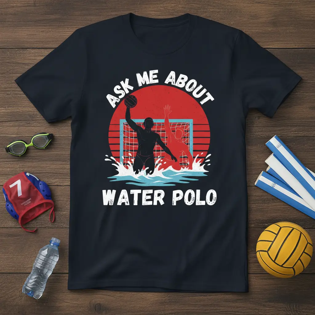 Ask Me About Water Polo quote design with player silhouettes and sunset graphic on a t-shirt