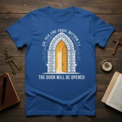 Blue t-shirt with "Ask, Seek, Find. Knock. Matthew 7:1 The Door Will Be Opened" quote and a graphic of an