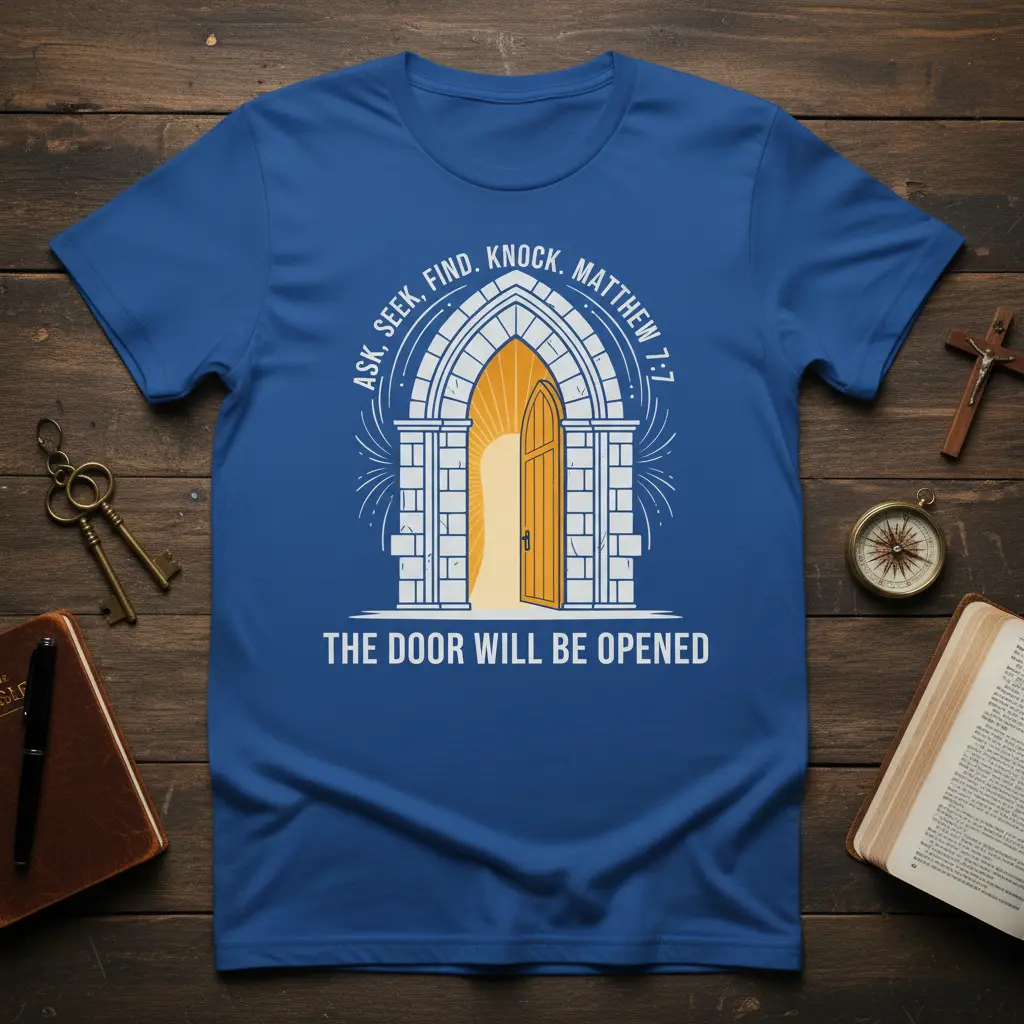 ASK, SEEK, FIND. KNOCK. quote printed with stylish graphic on comfortable cotton fabric t-shirt design