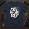 Asset Recovery Agent text with a fist and lock graphic on a navy blue t-shirt