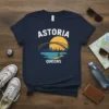 Astoria Queens t-shirt with bridge, skyline, and cyclist graphic. Navy blue tee with white text