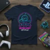 Astro Bot Let's Play! text with a neon outline of the character on a navy t-shirt, featuring PlayStation button symbols