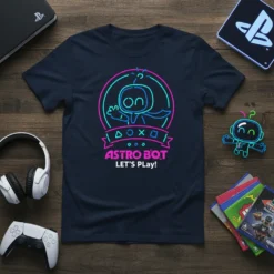 Astro Bot Let's Play! text with a neon outline of the character on a navy t-shirt, featuring PlayStation button symbols