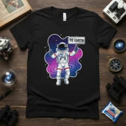 Astronaut in a spacesuit holding a "To Earth" sign, with a galaxy background and thumbs up