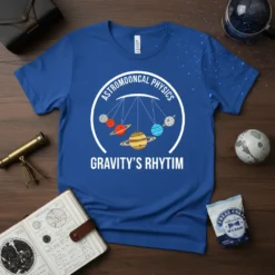 ASTRUMOONCAL PHYSICS GRAVITY'S RHYTHM t-shirt design with planets in orbit and celestial text