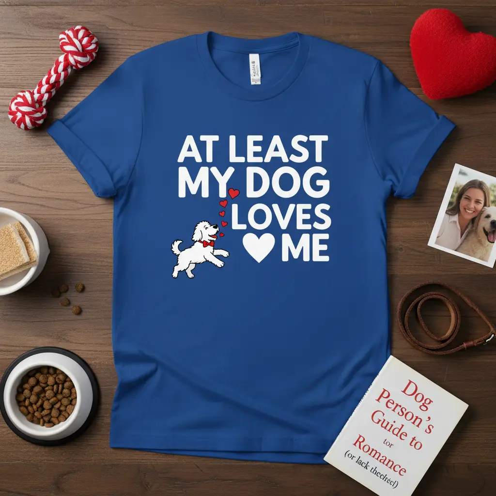 At Least My Dog Loves Me quote in white text with a cartoon dog and hearts on a blue shirt