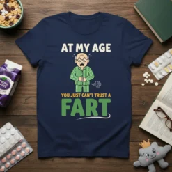 Funny "At My Age You Just Can't Trust A Fart" t-shirt design with an elderly man in pajamas looking surprised