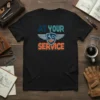At Your Service T-Shirt with mechanic shield and handshake graphic, blue and orange text, for service teams