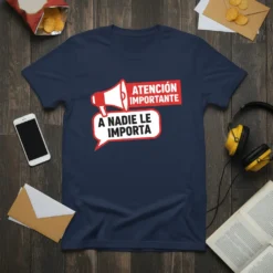 Navy blue t-shirt with "Atención Importante A Nadie Le Importa" in white text inside a speech bubble and red megaphone