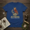 Athena Goddess of Wisdom & War t-shirt featuring a golden owl on a column with laurel branches and text