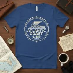 Atlantic Coast Line vintage train graphic t-shirt design with circular compass border