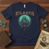 Navy t-shirt featuring the text ATLANTIS ISLAND OF ATLAS with a circular graphic of a futuristic city by the sea