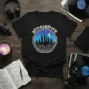 Black t-shirt with "atmosphere" text above a circular graphic of a cityscape at night, stars, and moon