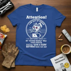 Blue t-shirt with white text: Attention! I Am Out Of Order, Robot Filter Maintenance, My Stupid People filter needs cleaning