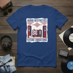 Audio Aesthetics Future Vibrations t-shirt with retro speakers and turntable graphic
