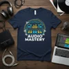 Audio Mastery t-shirt design featuring a graphic equalizer and mixing console, perfect for audio engineers and music producers