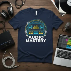 Audio Mastery t-shirt design featuring a graphic equalizer and mixing console, perfect for audio engineers and music producers