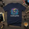 Navy blue t-shirt with "Audiophile" text and a colorful graphic of a record player with speakers, designed for music lovers