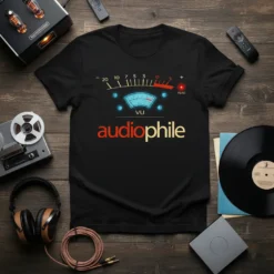 Black t-shirt with "audiophile" text and a vintage VU meter graphic, representing audio enthusiast culture