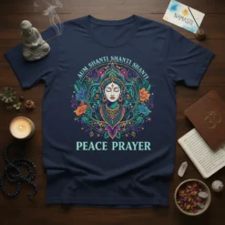 AUM SHANTI SHANTI SHANTI PEACE PRAYER T-Shirt with a colorful mandala and serene face graphic
