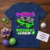 Aunt Birthday Crew t-shirt design featuring a neon green race car, checkered flags, balloons, and confetti