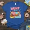 Aunt of the Two Sweet t-shirt design with colorful cupcakes, gingerbread man, and candy canes. Features "Aunt of the Two