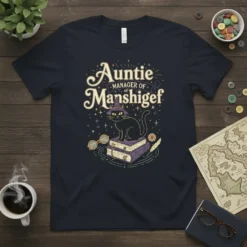 Auntie Manager of Manshigef text with a witchy black cat on books graphic, styled with stars and magical elements