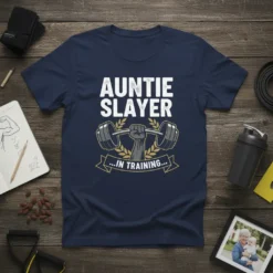Auntie Slayer In Training t-shirt with barbell graphic and laurel wreath, designed for fitness enthusiasts and new aunties