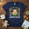 Auntie Sloth t-shirt design featuring a mother and baby sloth in a hammock, with text "Auntie Sloth" below