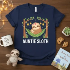 Auntie Sloth t-shirt design featuring a mother and baby sloth in a hammock, with text "Auntie Sloth" below