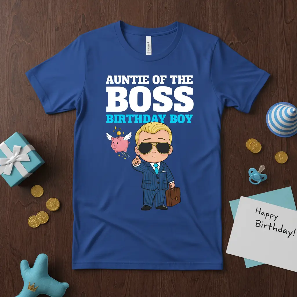 Auntie of the Boss Birthday Boy t-shirt design featuring a chibi businessman and flying pig graphic