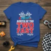 Auntie Of The Two Fast racing t-shirt with a blue race car and checkered flags