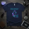 Navy t-shirt with "AURA ENERGY 67%" text and a graphic of purple and blue crystals