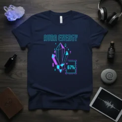 Navy t-shirt with "AURA ENERGY 67%" text and a graphic of purple and blue crystals