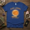Aura Loading 67% Energy cat design with a sleeping orange tabby and a progress bar on a blue t-shirt